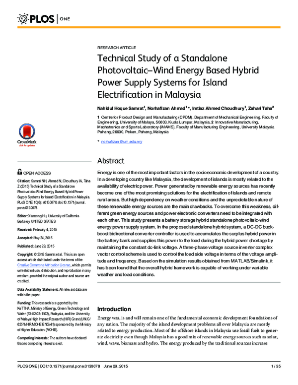 (PDF) Technical Study of a Standalone Photovoltaic–Wind Energy Based ...