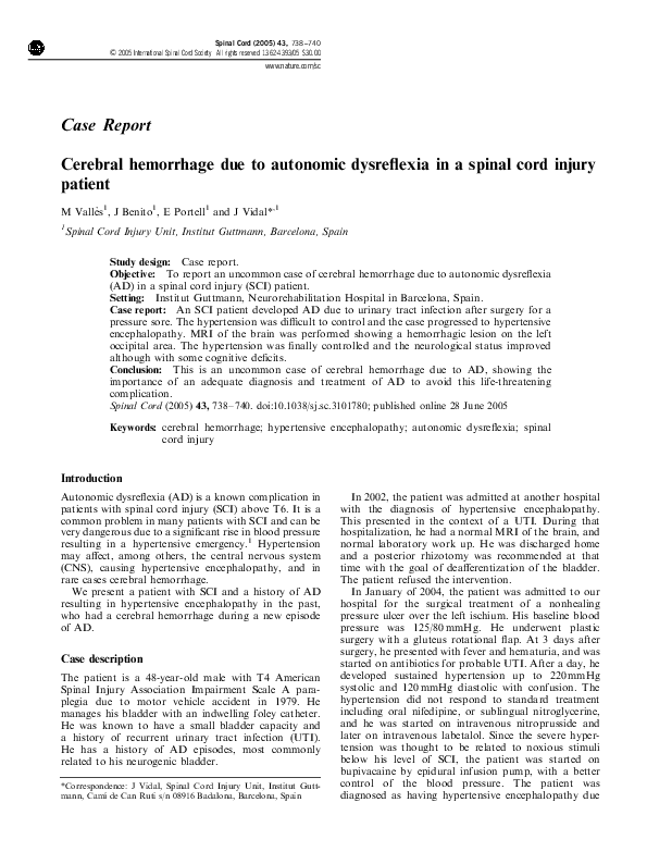 (PDF) Cerebral hemorrhage due to autonomic dysreflexia in a spinal cord ...
