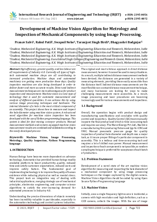 (PDF) IRJET- Development of Machine Vision Algorithm for Metrology and ...