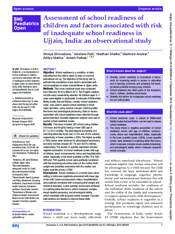 (PDF) Assessment of school readiness of children and factors associated ...