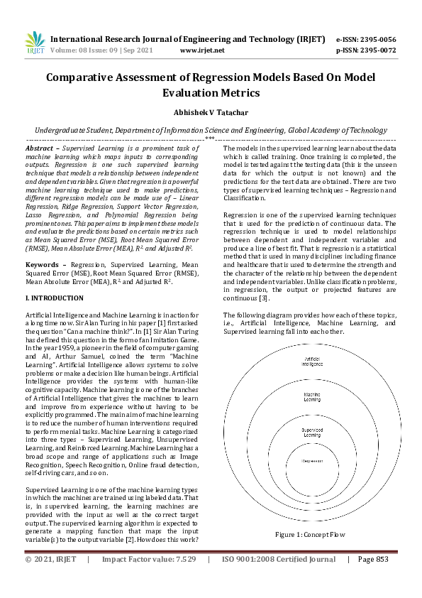 (PDF) IRJET- Comparative Assessment of Regression Models Based On Model ...