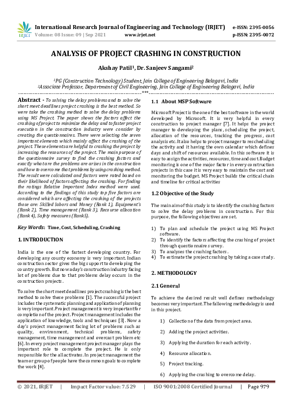 (PDF) IRJET- ANALYSIS OF PROJECT CRASHING IN CONSTRUCTION