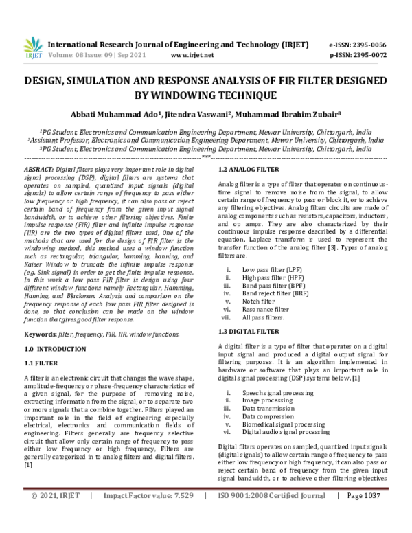 (PDF) IRJET DESIGN, SIMULATION AND RESPONSE ANALYSIS OF FIR FILTER