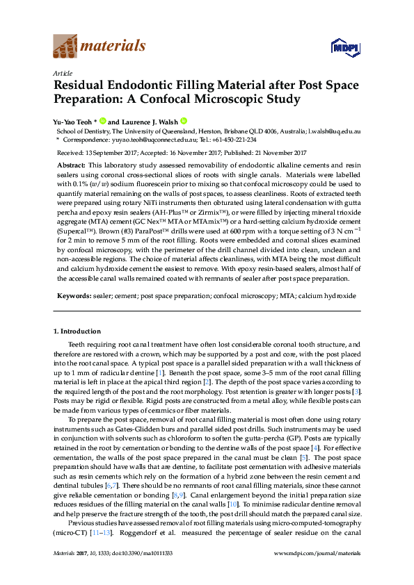 (PDF) Residual Endodontic Filling Material after Post Space Preparation