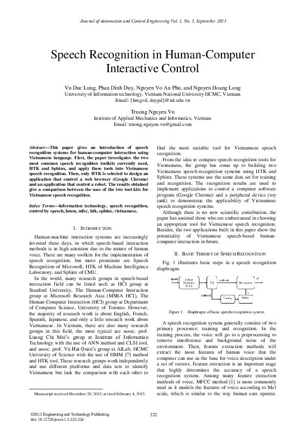 (PDF) Speech Recognition in Human-Computer Interactive Control
