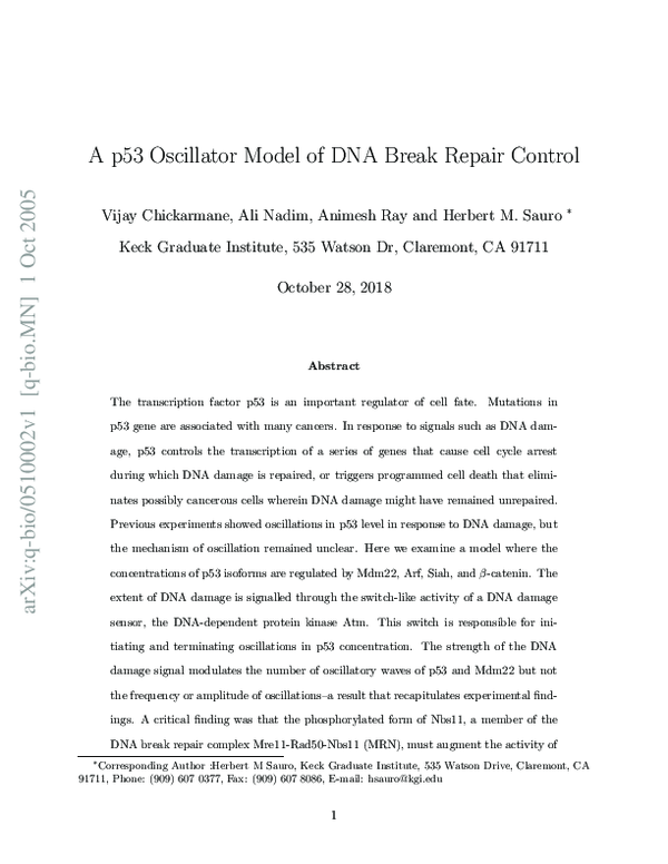 (PDF) A p53 Oscillator Model of DNA Break Repair Control