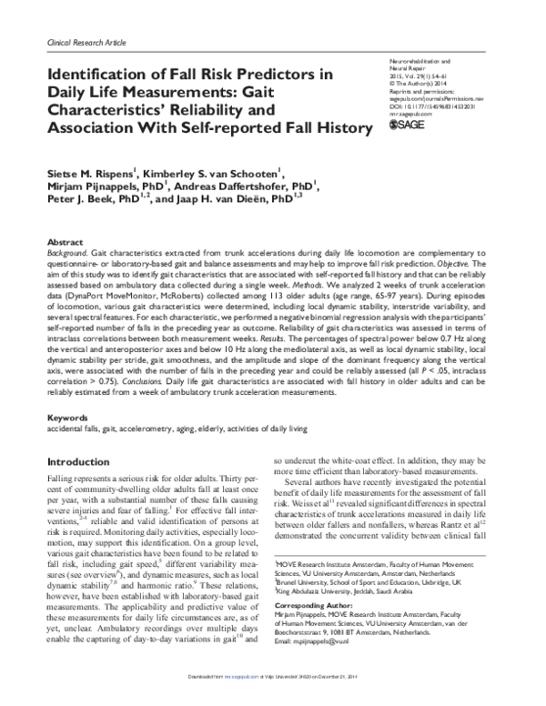(PDF) Identification of Fall Risk Predictors in Daily Life Measurements ...