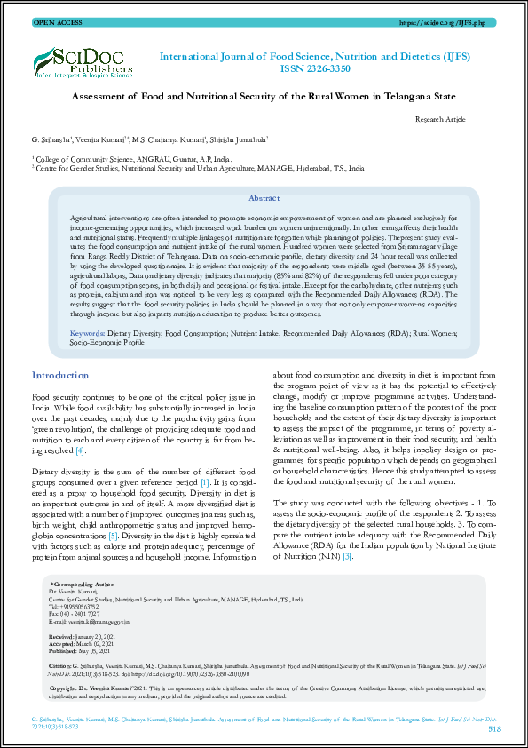 (PDF) Assessment of Food and Nutritional Security of the Rural Women in ...
