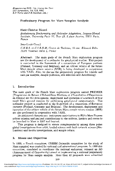 (PDF) Preliminary Program for Mars Samples Analysis