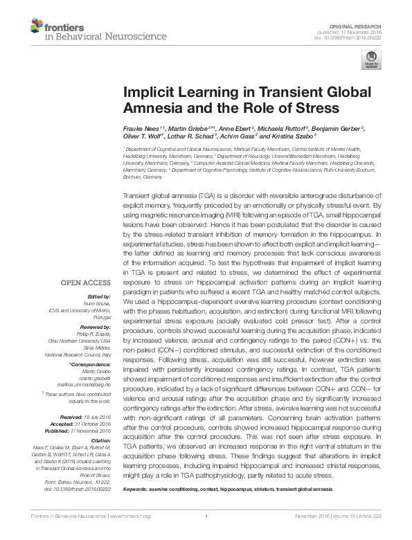 (PDF) Implicit Learning in Transient Global Amnesia and the Role of Stress