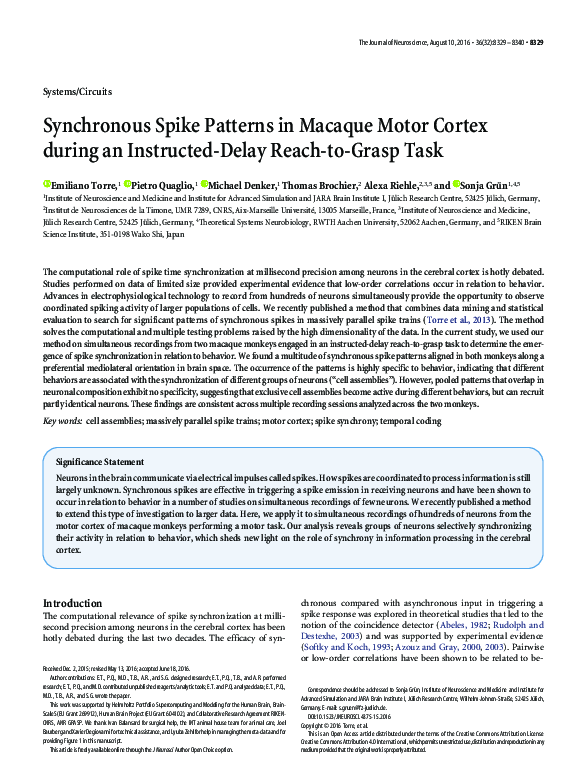 (PDF) Synchronous Spike Patterns in Macaque Motor Cortex during an ...