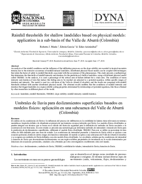 (PDF) Rainfall thresholds for shallow landslides based on physical ...