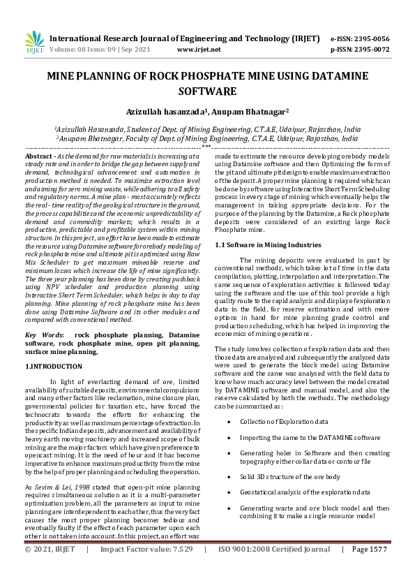 (PDF) IRJET- MINE PLANNING OF ROCK PHOSPHATE MINE USING DATAMINE SOFTWARE