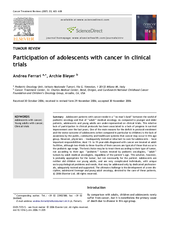(PDF) Participation of adolescents with cancer in clinical trials