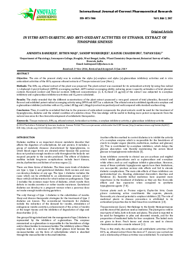 (PDF) In Vitro Anti-Diabetic and Anti-Oxidant Activities of Ethanol ...