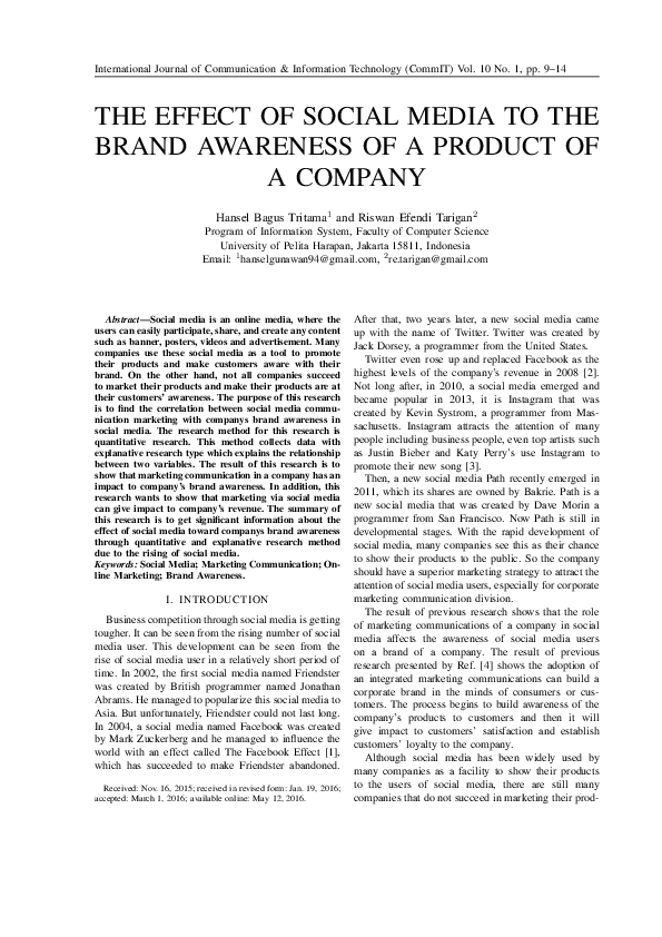 (PDF) The Effect of Social Media to the Brand Awareness of A Product of ...