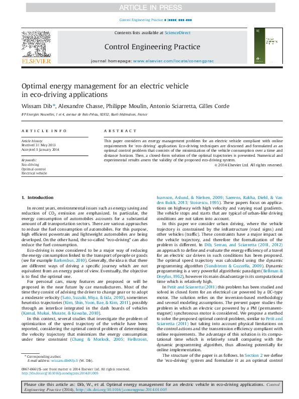 (PDF) Optimal energy management for an electric vehicle in eco-driving ...