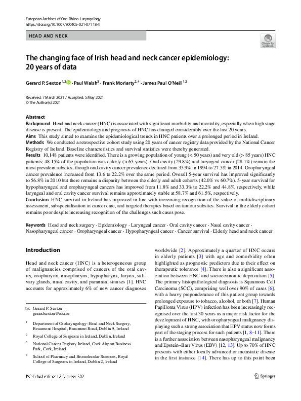 (PDF) The changing face of Irish head and neck cancer epidemiology: 20 ...