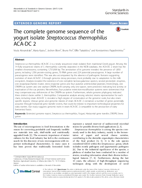 (PDF) The complete genome sequence of the yogurt isolate Streptococcus ...
