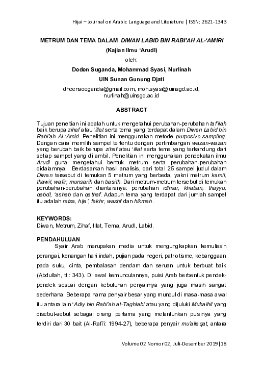 (PDF) Metrum dan Tema dalam Diwan Labid bin Rabi'ah Al-'Amiri (Kajian ...