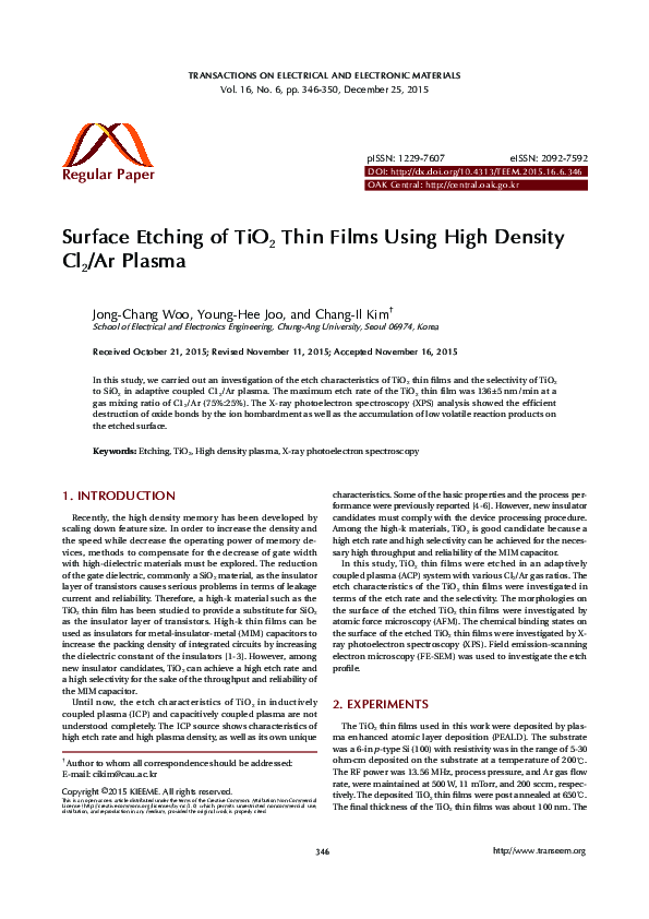 (PDF) Surface Etching of TiO2Thin Films Using High Density Cl2/Ar Plasma
