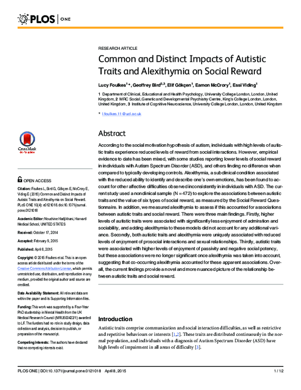 (PDF) Common and Distinct Impacts of Autistic Traits and Alexithymia on ...