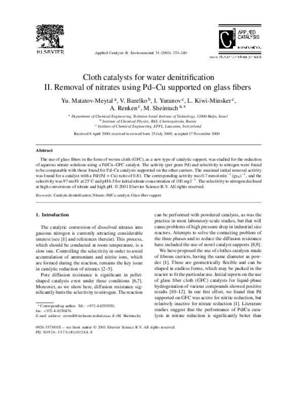 (PDF) Cloth catalysts for water denitrification