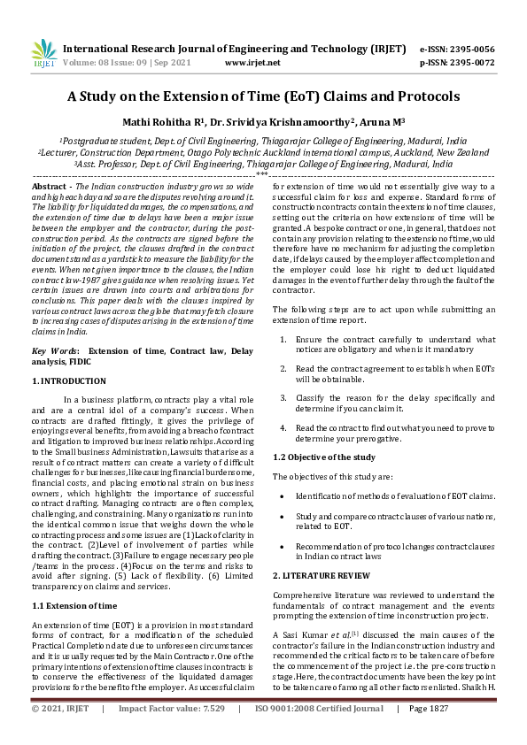 (PDF) IRJET- A Study on the Extension of Time (EoT) Claims and Protocols