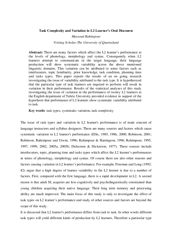(PDF) Task complexity and variation in L2 learner's oral discourse