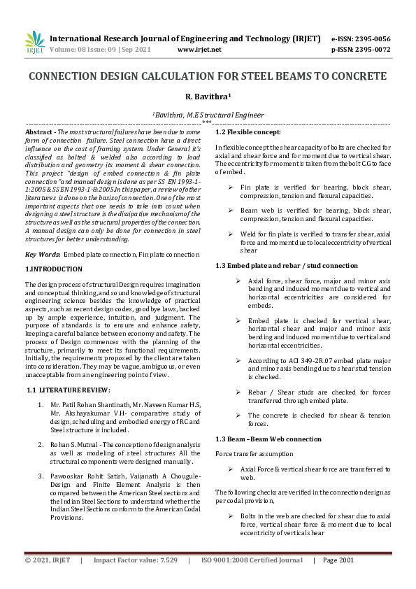 (PDF) IRJET- CONNECTION DESIGN CALCULATION FOR STEEL BEAMS TO CONCRETE