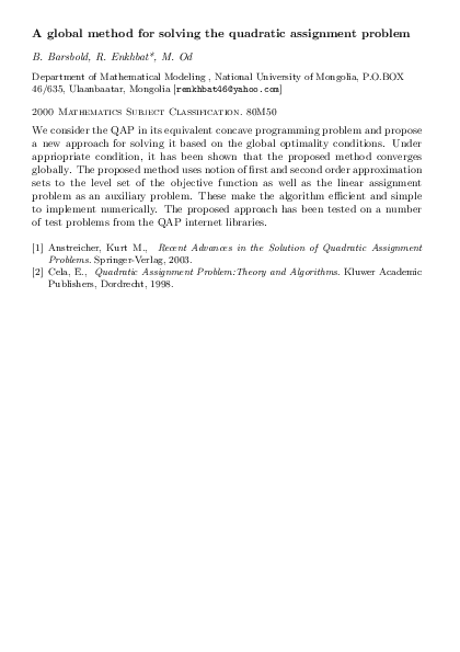 (PDF) A global method for solving the quadratic assignment problem