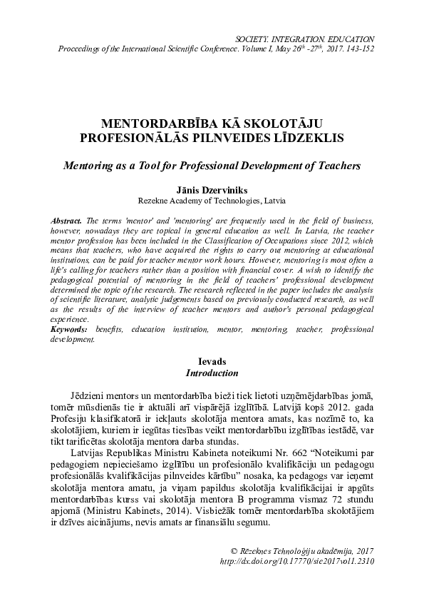 (PDF) Mentoring as a Tool for Professional Development of Teachers