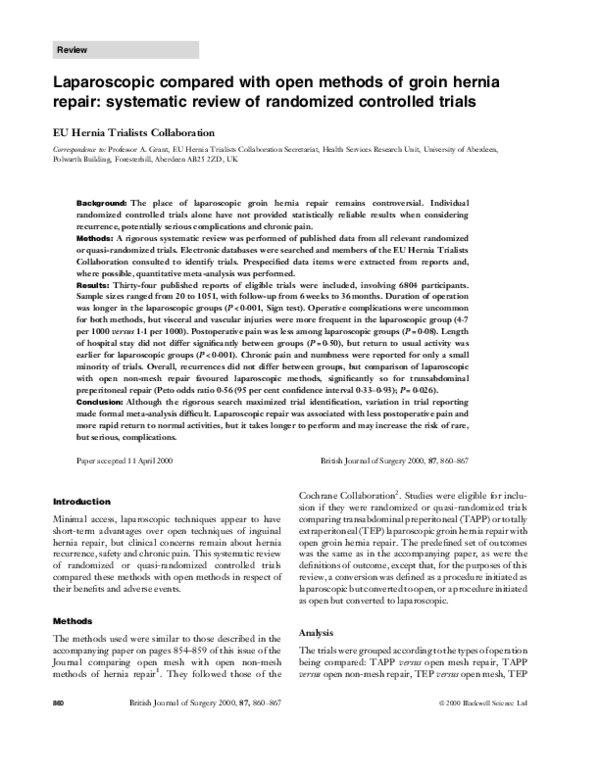 (PDF) Laparoscopic compared with open methods of groin hernia repair ...