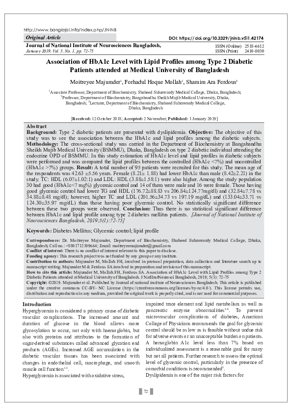 (PDF) Association of HbA1c Level with Lipid Profiles among Type 2 ...