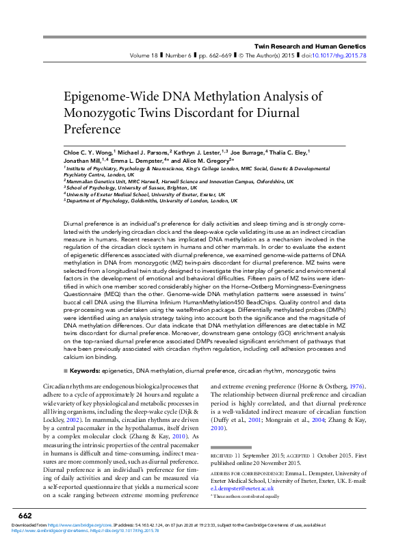 (PDF) Epigenome-Wide DNA Methylation Analysis of Monozygotic Twins ...