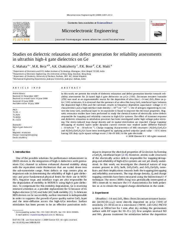 (PDF) Studies on dielectric relaxation and defect generation for ...