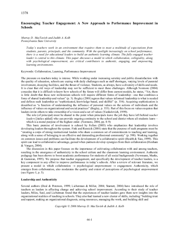 (PDF) Encouraging Teacher Engagement: A New Approach to Performance ...