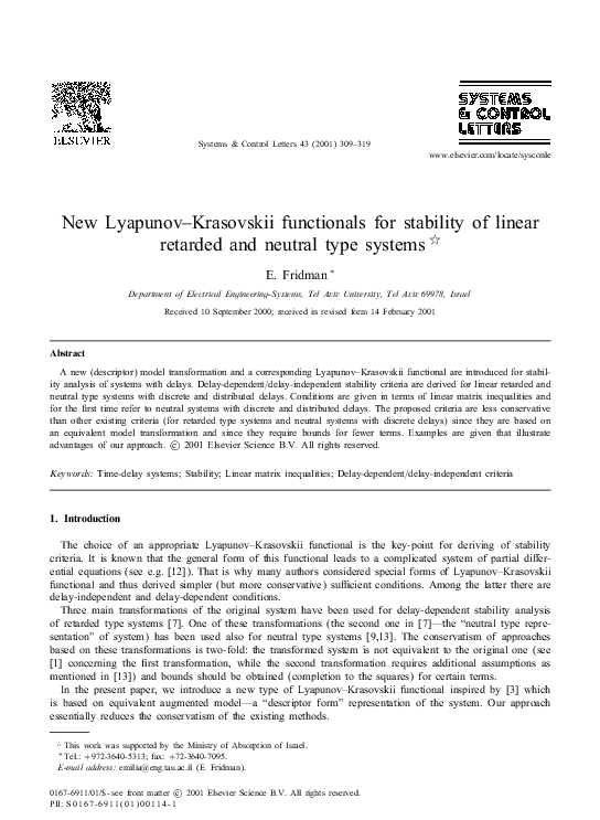(PDF) New Lyapunov–Krasovskii functionals for stability of linear ...