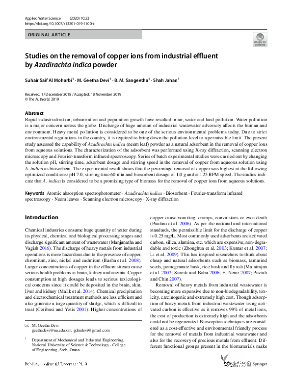 (PDF) Studies on the removal of copper ions from industrial effluent by ...