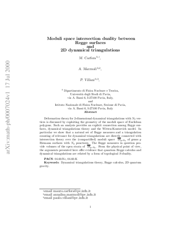 (PDF) Moduli space intersection duality between Regge surfaces and 2D ...