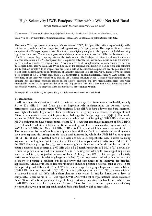 (PDF) High selectivity UWB bandpass filter with a wide notched-band