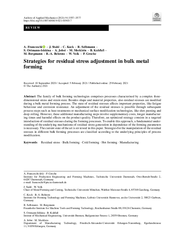 (PDF) Strategies for residual stress adjustment in bulk metal forming