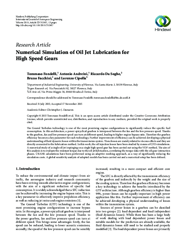 (PDF) Numerical Simulation of Oil Jet Lubrication for High Speed Gears
