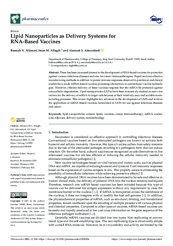 (PDF) Lipid Nanoparticles as Delivery Systems for RNA-Based Vaccines
