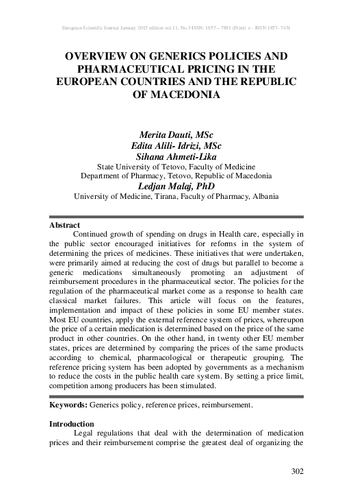 (PDF) Overview on Generics Policies and Pharmaceutical Pricing in the ...