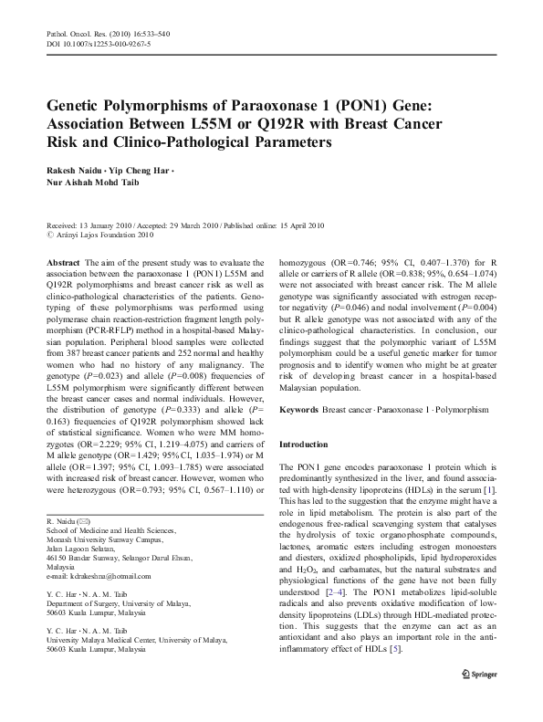 (PDF) Genetic Polymorphisms of Paraoxonase 1 (PON1) Gene: Association ...