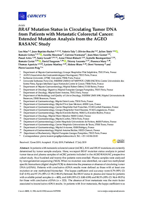 (PDF) BRAF Mutation Status in Circulating Tumor DNA from Patients with ...