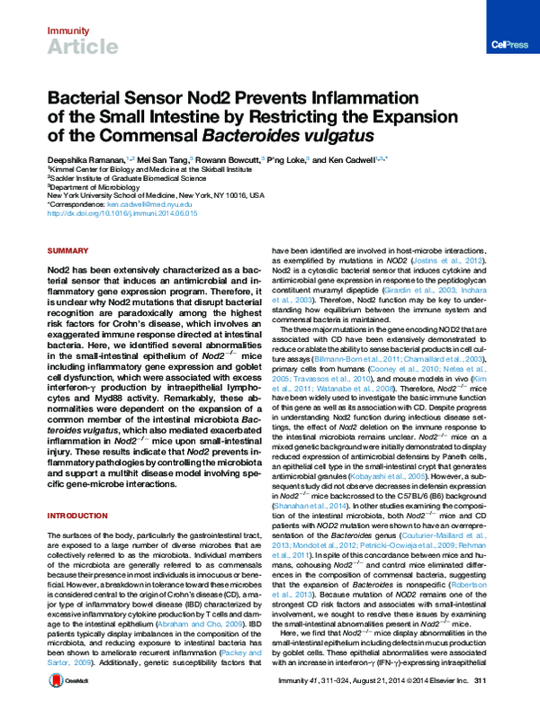 (PDF) Bacterial Sensor Nod2 Prevents Inflammation of the Small ...