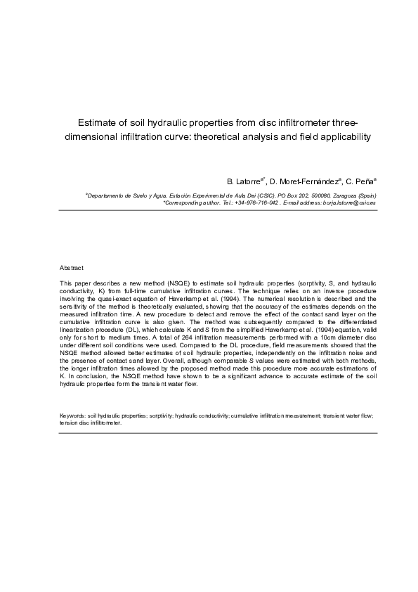 (PDF) Estimate of Soil Hydraulic Properties from Disc Infiltrometer ...