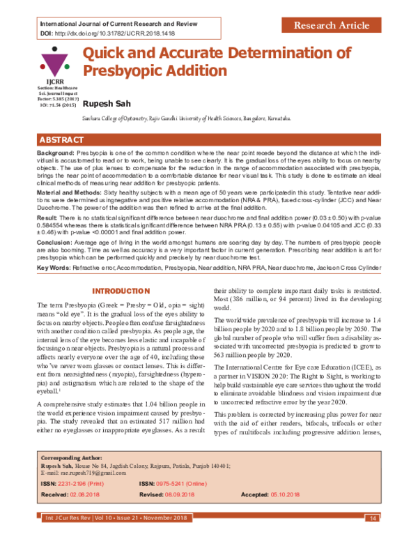 (PDF) Quick and Accurate Determination of Presbyopic Addition